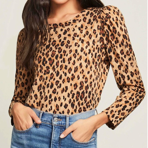 Veronica Beard Tops - Veronica Beard Porter Leopard Puff Sleeve Tee Brown Womens Med Boho Pima Cotton